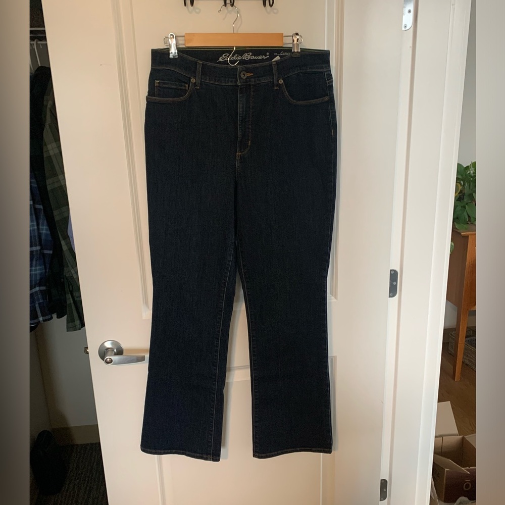 Dark Wash Eddie Bauer Curvy High Rise Boot Cut Jeans